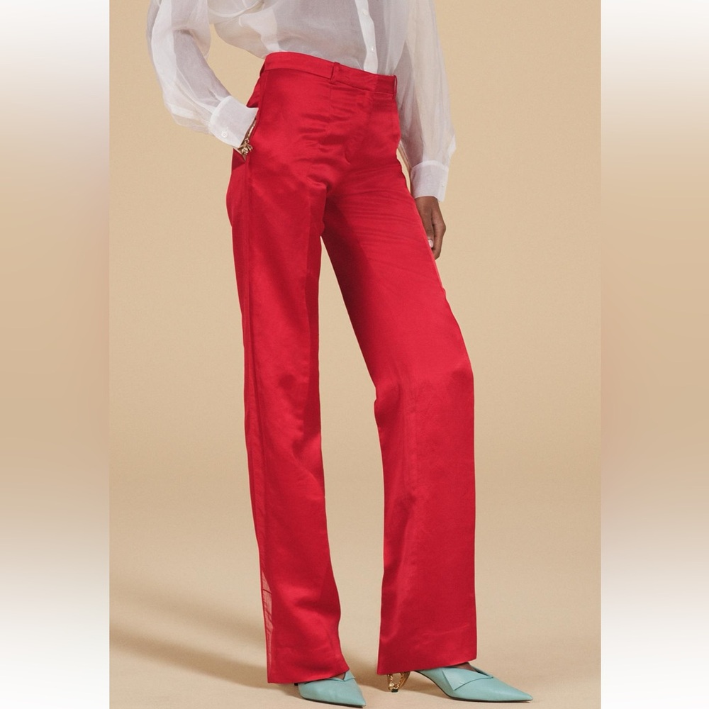 NWT Zara linen blend satin effect organza red pants size medium mid waist
